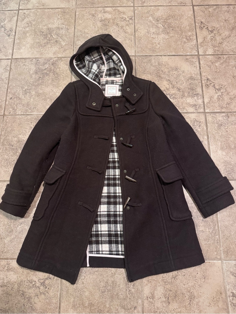 Old Navy Brown Hooded Pea Coat with Plaid Lining
